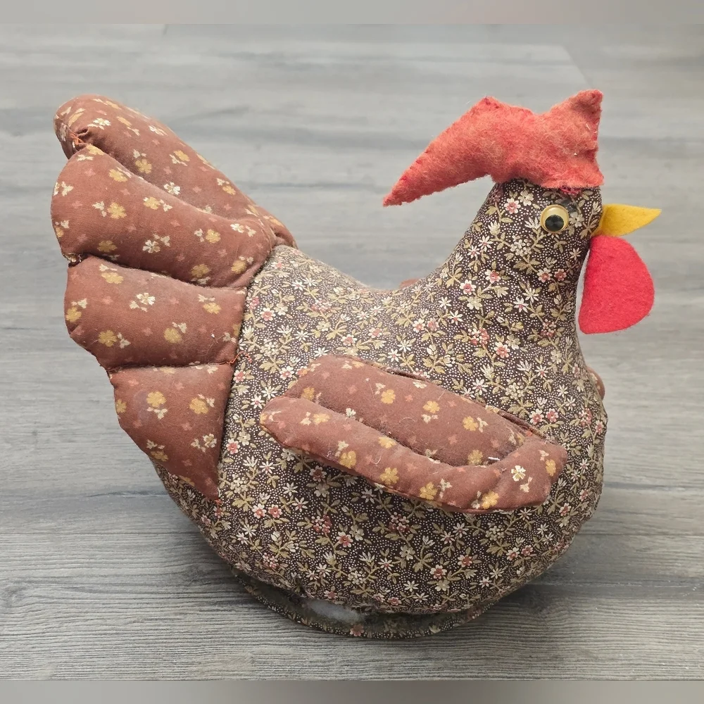 Handmade 1970s Vintage Chicken Quilted Brown Small Floral Prints Decor Farmhouse